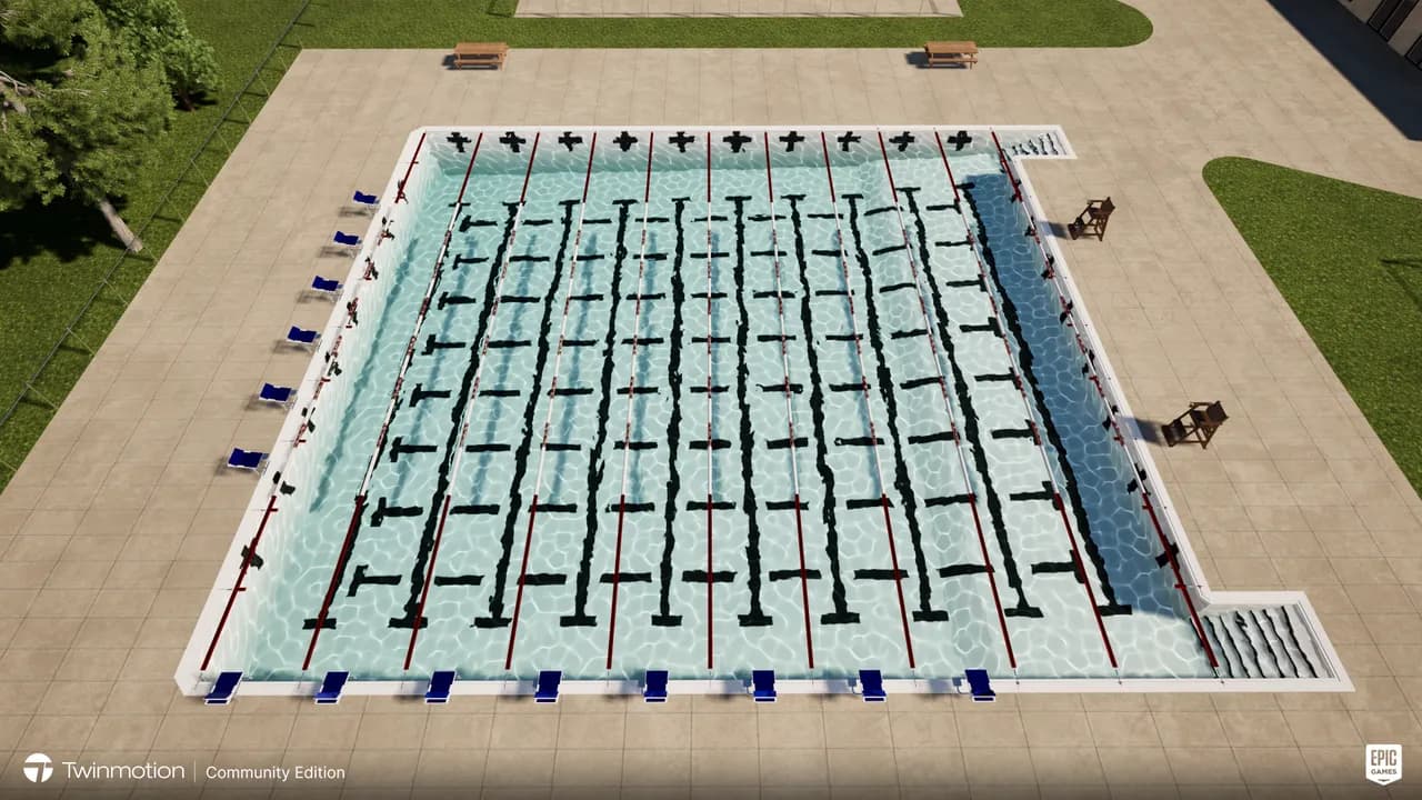 Overhead aerial view of a 10-lane swimming pool displaying the grid of black lane lines, starting blocks, and clear water.